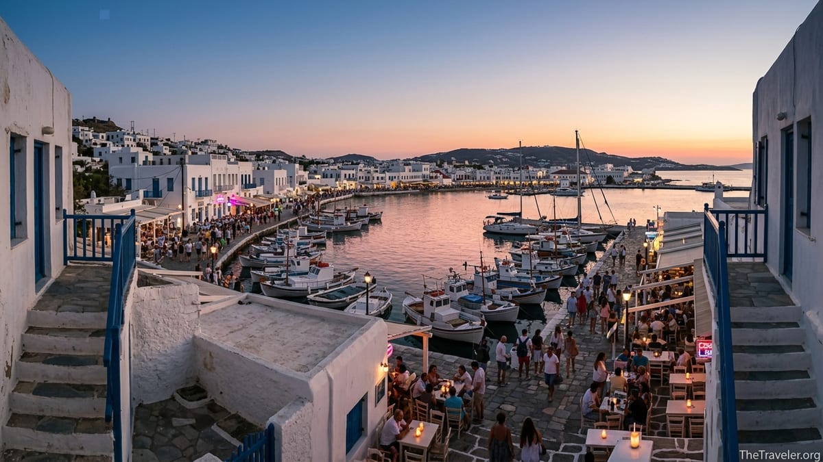 Evening view over a Greek island harbor with lively waterfront bars and whitewashed buildings.