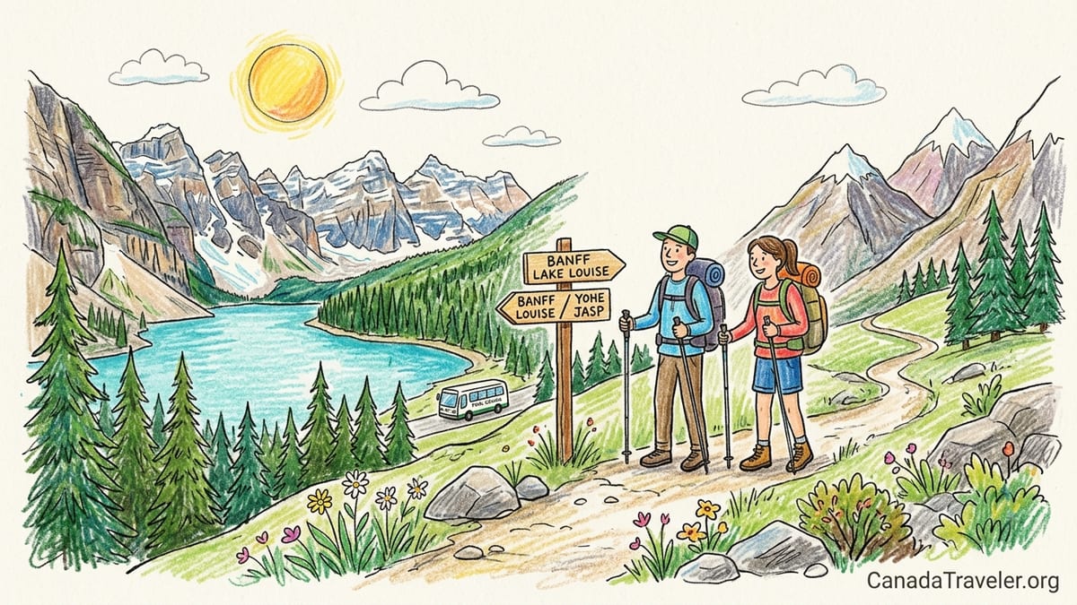 Hikers follow a lakeshore trail beside a turquoise alpine lake beneath jagged Canadian Rockies peaks at sunrise.