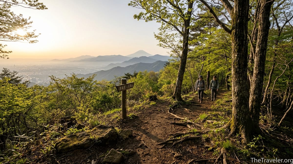 Hikers on a forested ridge trail near Tokyo with layered Kanto mountains at sunrise.