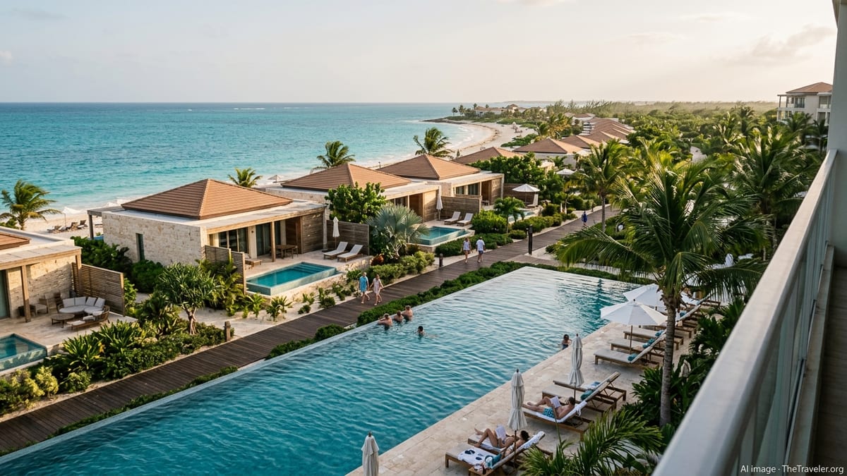 Infinity pool at a tropical Hilton resort overlooking turquoise ocean and villas.