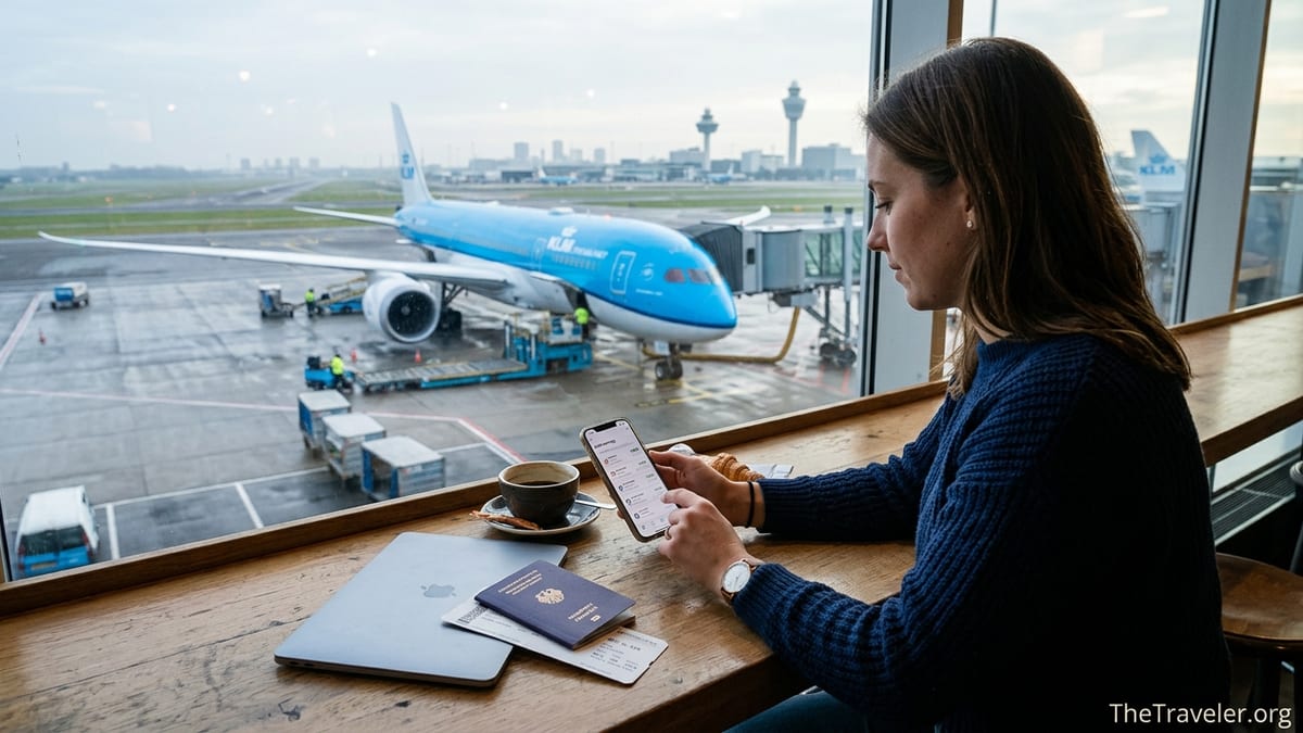 Traveler at an airport café comparing international eSIM plans on a smartphone.