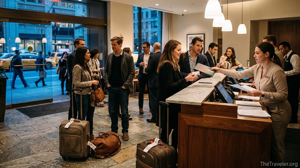 Travelers paying with credit cards at a modern hotel front desk in a city lobby.
