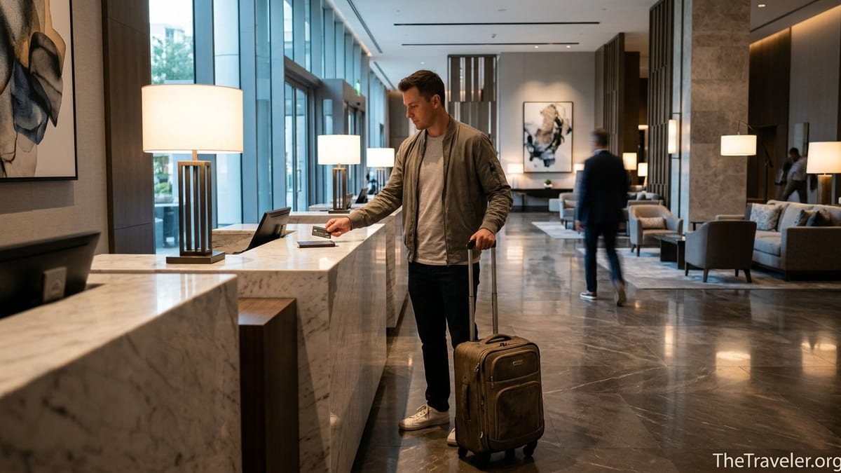 Traveler presenting a credit card at an upscale hotel check-in desk with suitcase beside them.