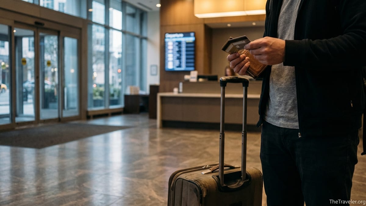 Traveler comparing credit cards in a modern hotel lobby check-in area.