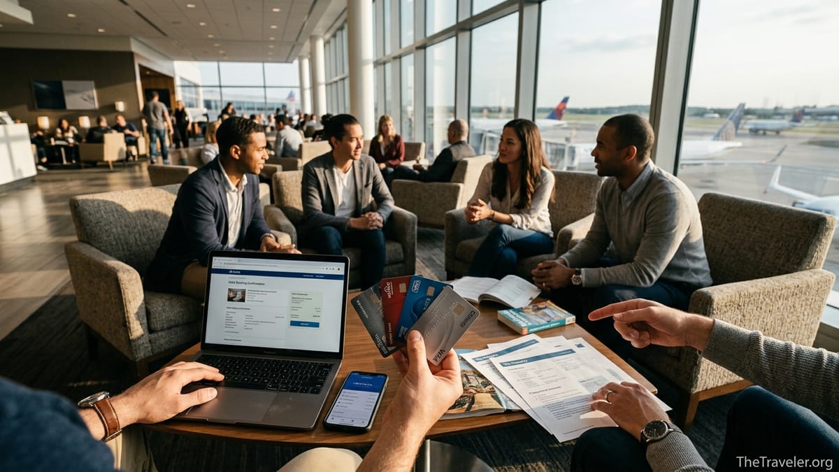Traveler comparing hotel credit cards in an airport lounge with planes visible through large windows.