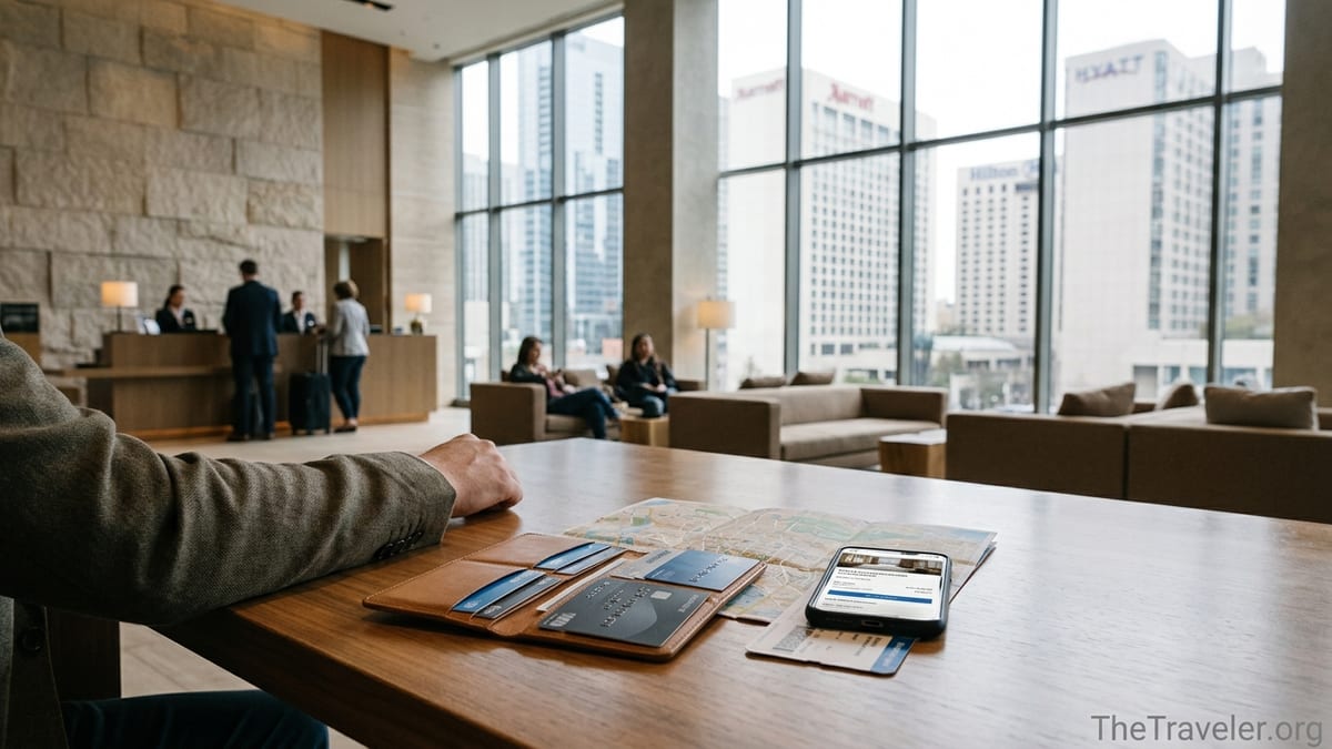 Traveler comparing hotel rewards credit cards at a modern hotel lobby table.