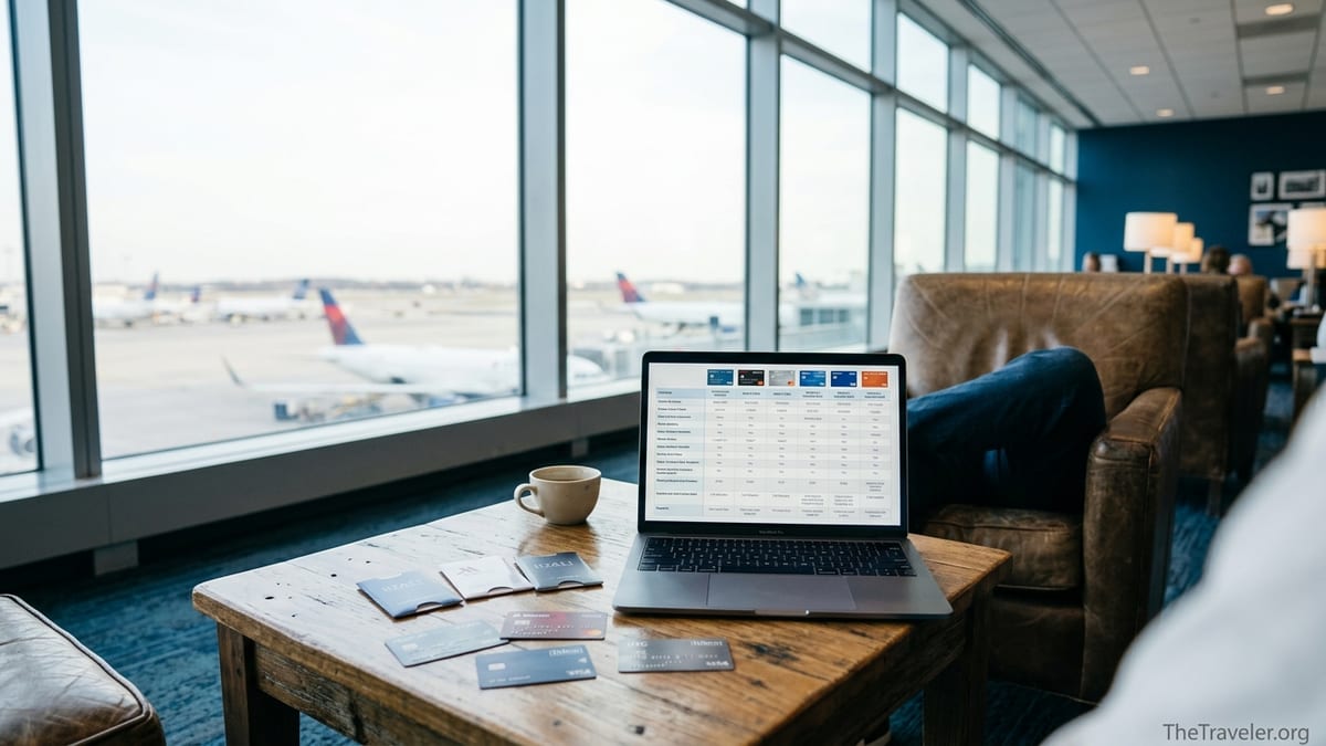 Traveler comparing hotel rewards credit cards in an airport lounge with runway view.