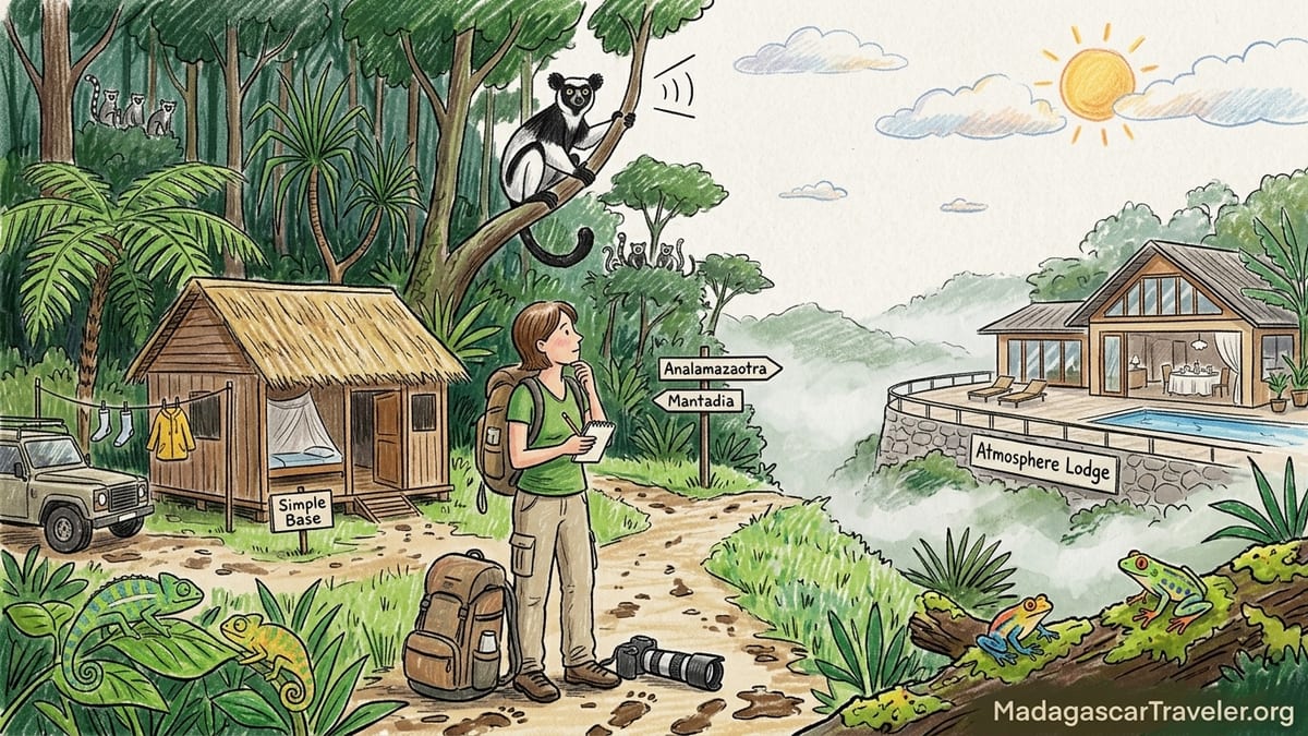 Rainforest lodge near Andasibe, Madagascar, at misty sunrise overlooking forest and hillside bungalows.