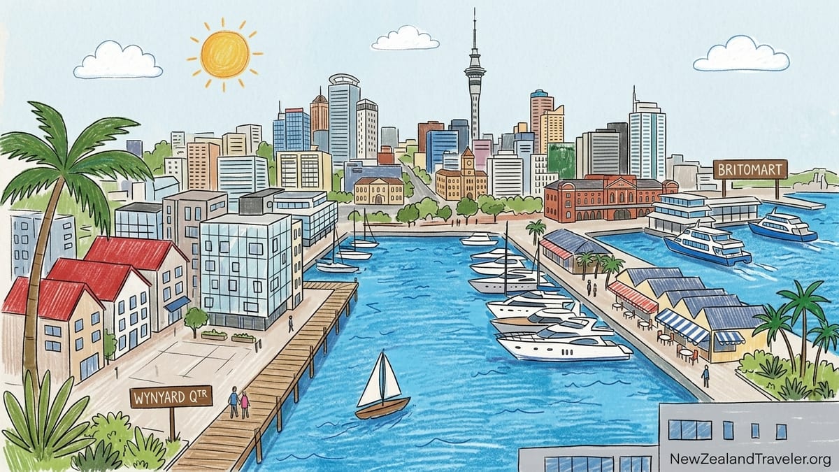 Auckland downtown waterfront with hotels and marinas at golden hour.