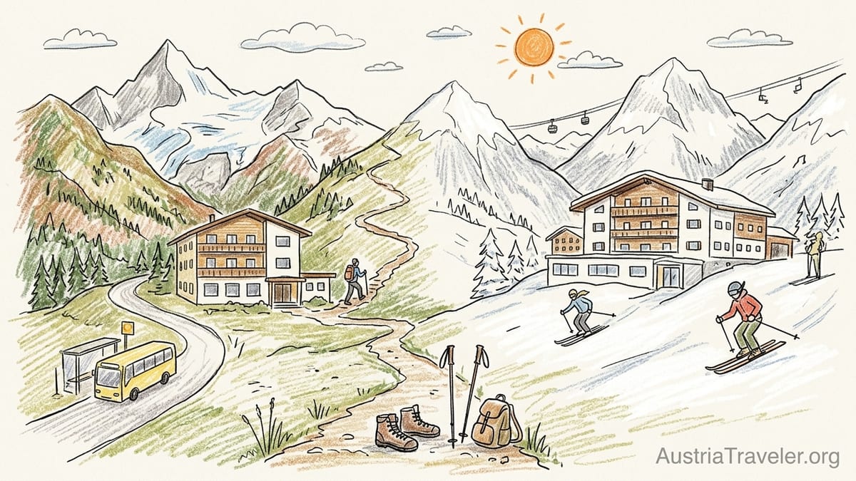 Austrian Alpine village hotels below snow-covered peaks at golden hour in winter.