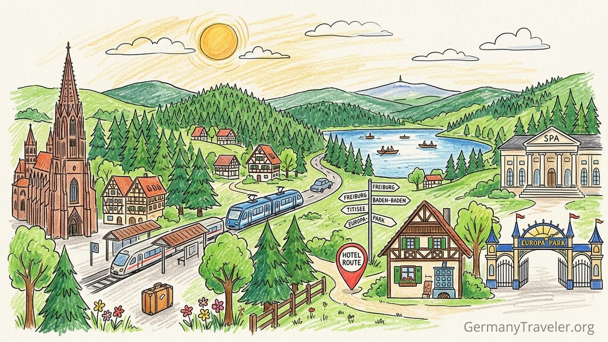 Traditional Black Forest guesthouse and modern spa hotel at dusk beside a pine forest.
