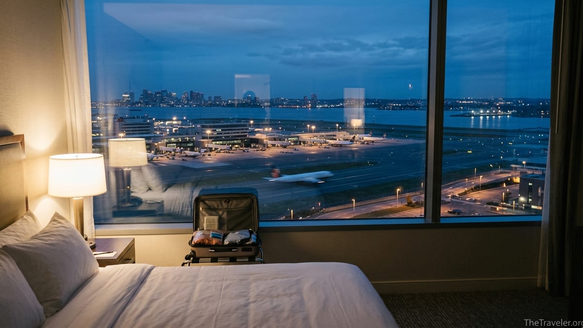 Hotel room overlooking Boston Logan Airport at dawn with a plane taking off.