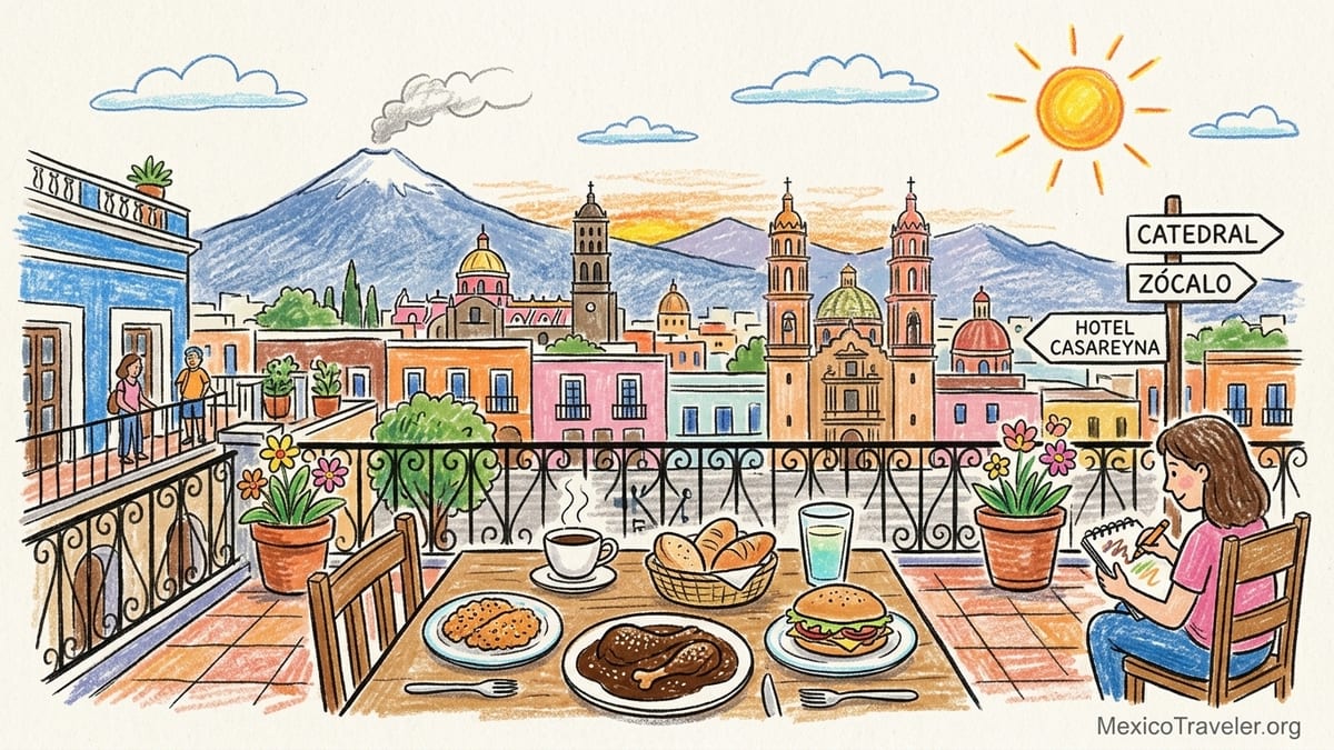 Sunlit colonial courtyard in Central Mexico with talavera tiles and stone fountain, hinting at nearby mountains and lake.