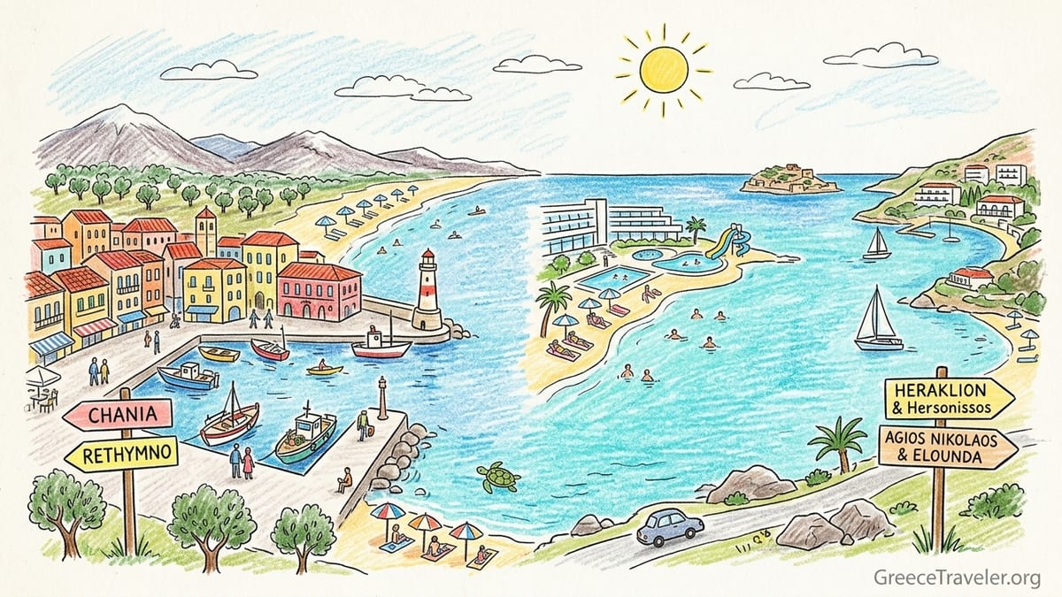 Sunrise over a Cretan bay with sandy beach, Venetian buildings and small beachfront hotels.
