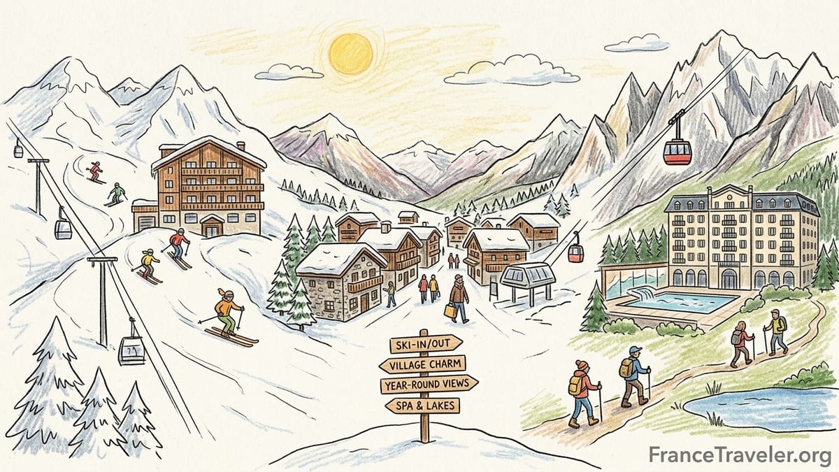Snowy French Alps ski village seen from a hotel balcony at sunrise with lifts and mountains beyond.