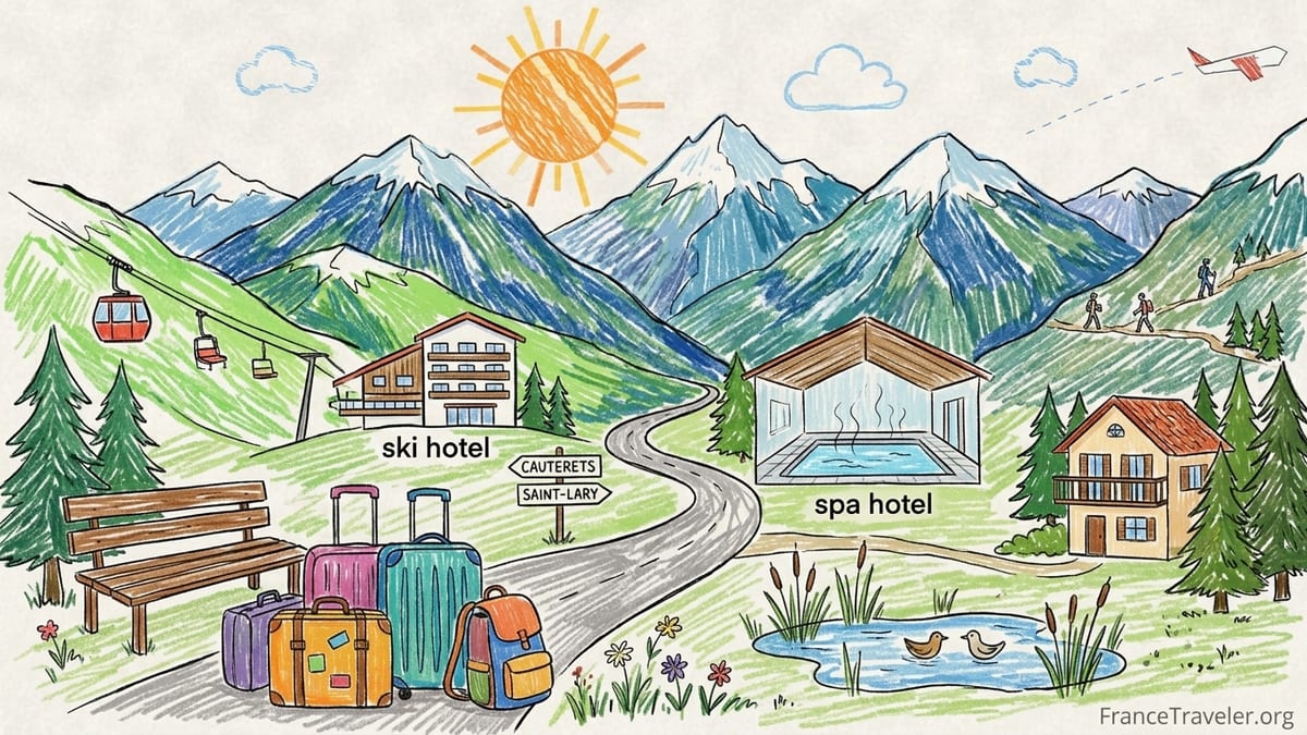 Winter view of a French Pyrenees village with chalet hotels, ski slopes and snowy peaks.