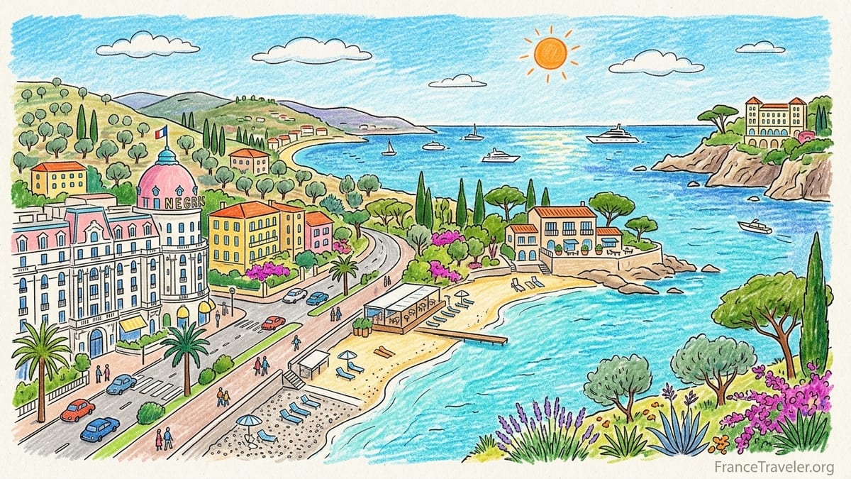 Seafront hotels and beach along the French Riviera under clear summer skies.