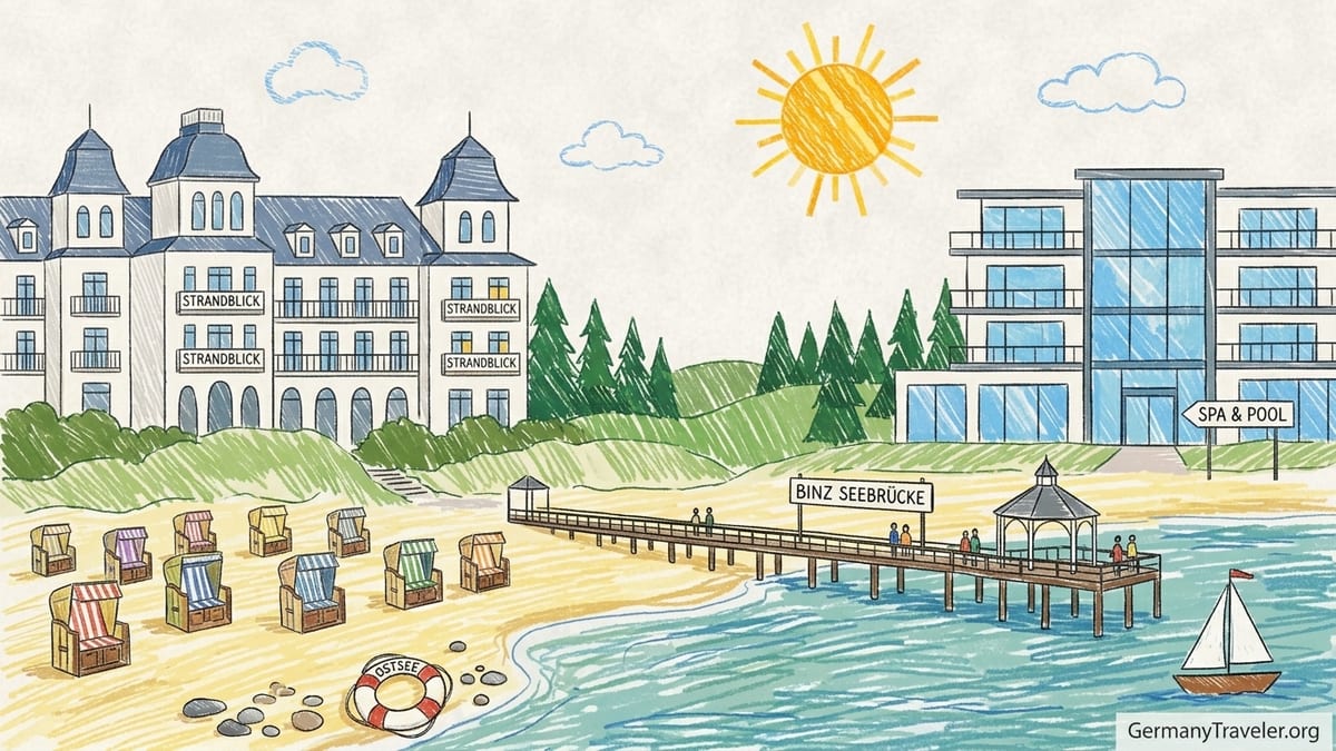 Early evening view of Baltic Sea promenade with grand beachfront hotels and sandy beach