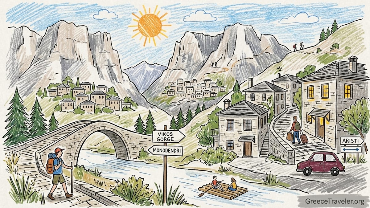 Stone guesthouse terrace in Zagori overlooking slate-roofed villages and distant Vikos area cliffs in morning light.