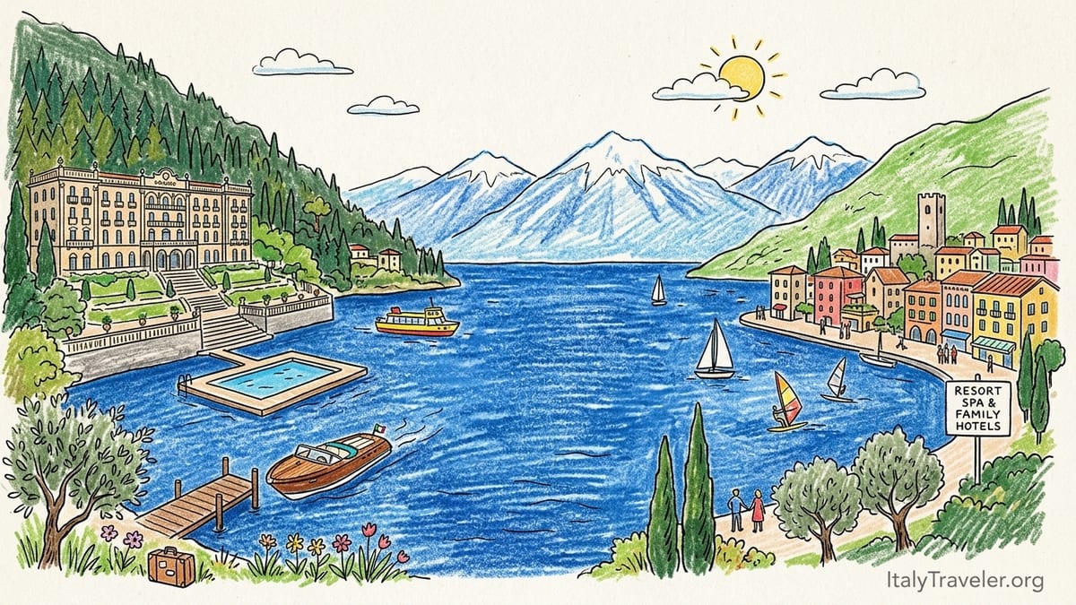 Lakefront hotel terrace overlooking a calm Italian lake at sunrise with misty hills beyond.