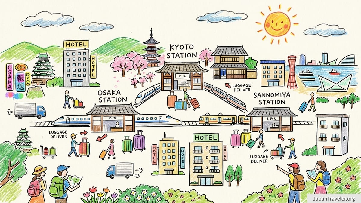 Evening view of Osaka Station surrounded by hotels and train platforms in Umeda district.