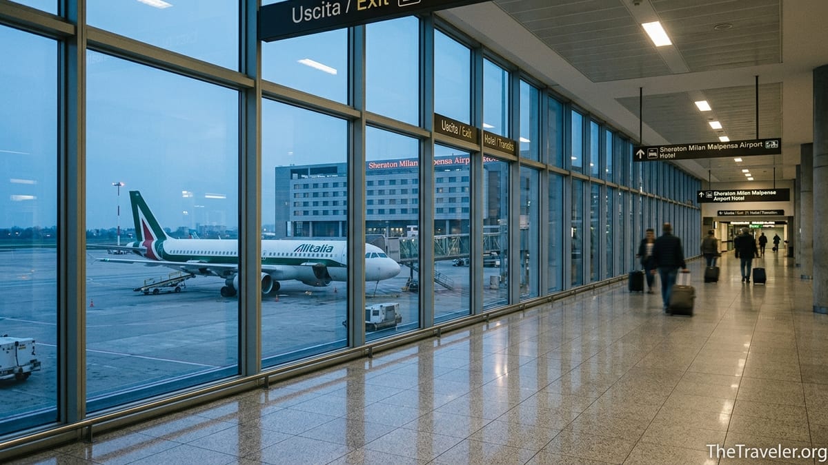 Early morning view inside Milan Malpensa Terminal 1 with travelers walking toward the attached Sheraton hotel.