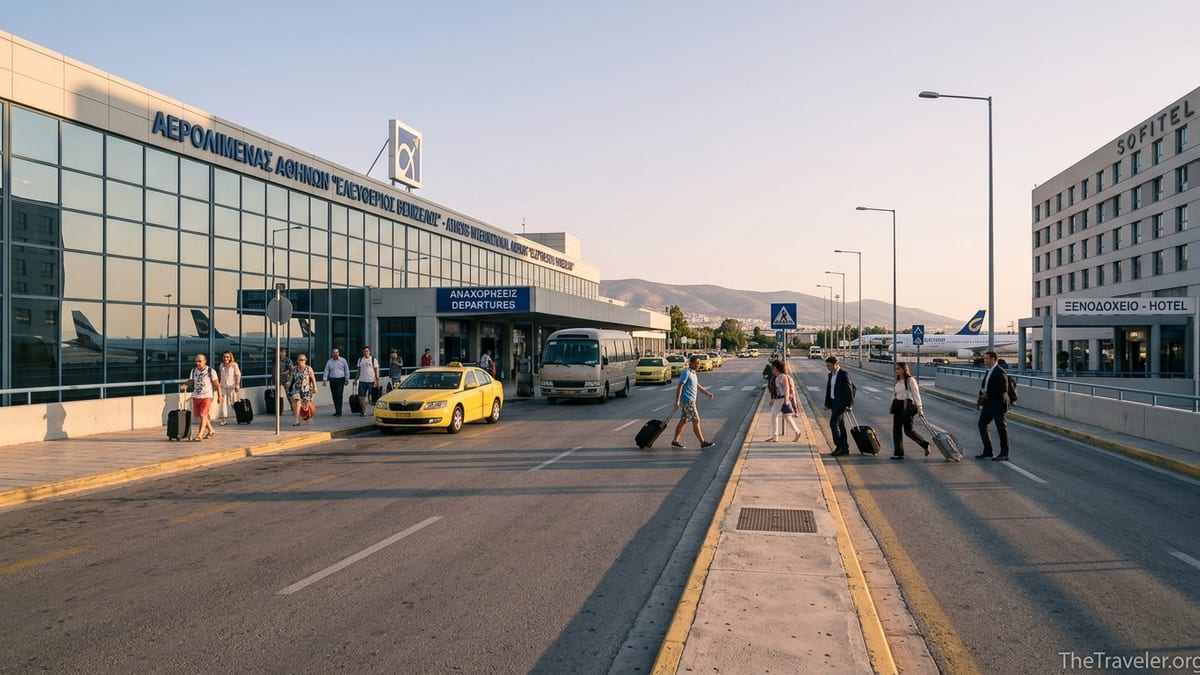 Early morning view of Athens International Airport with nearby hotel and travelers walking between.