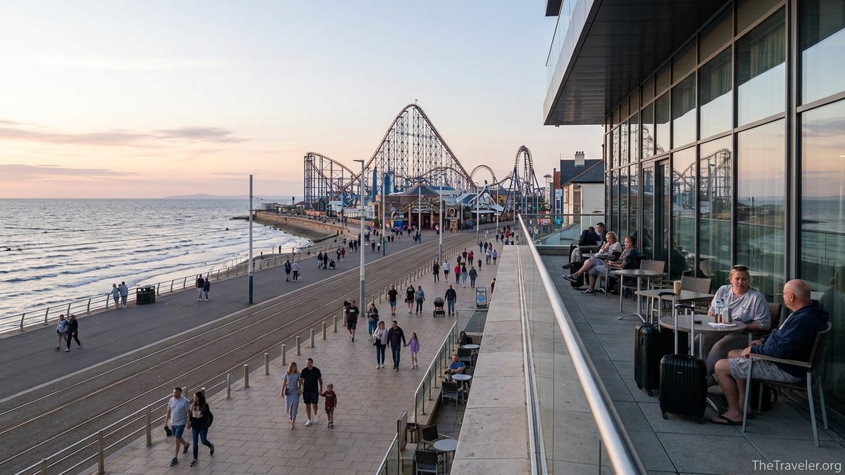 Seafront hotels beside Blackpool Pleasure Beach with roller coasters at sunset.