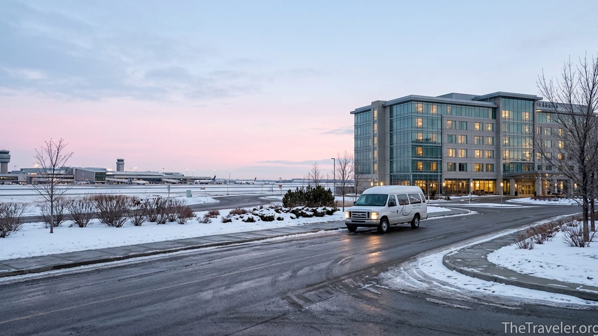 Early-morning view of Calgary airport hotels with a shuttle van waiting outside in winter light.