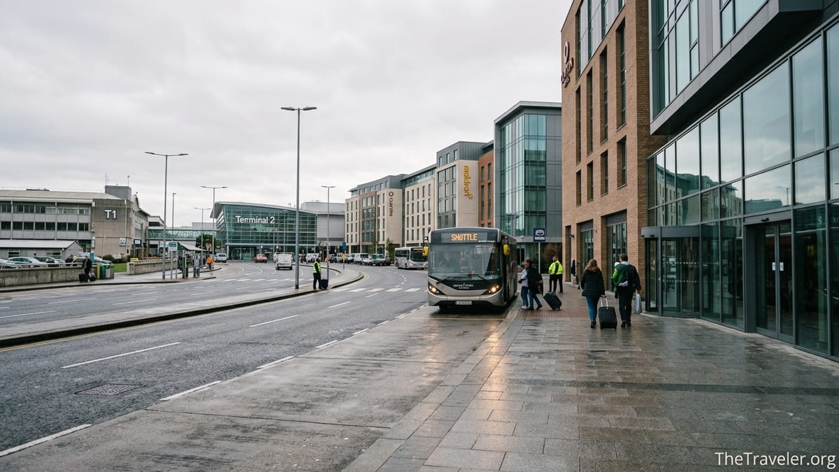 Shuttle bus and travelers outside modern hotels near Dublin Airport.