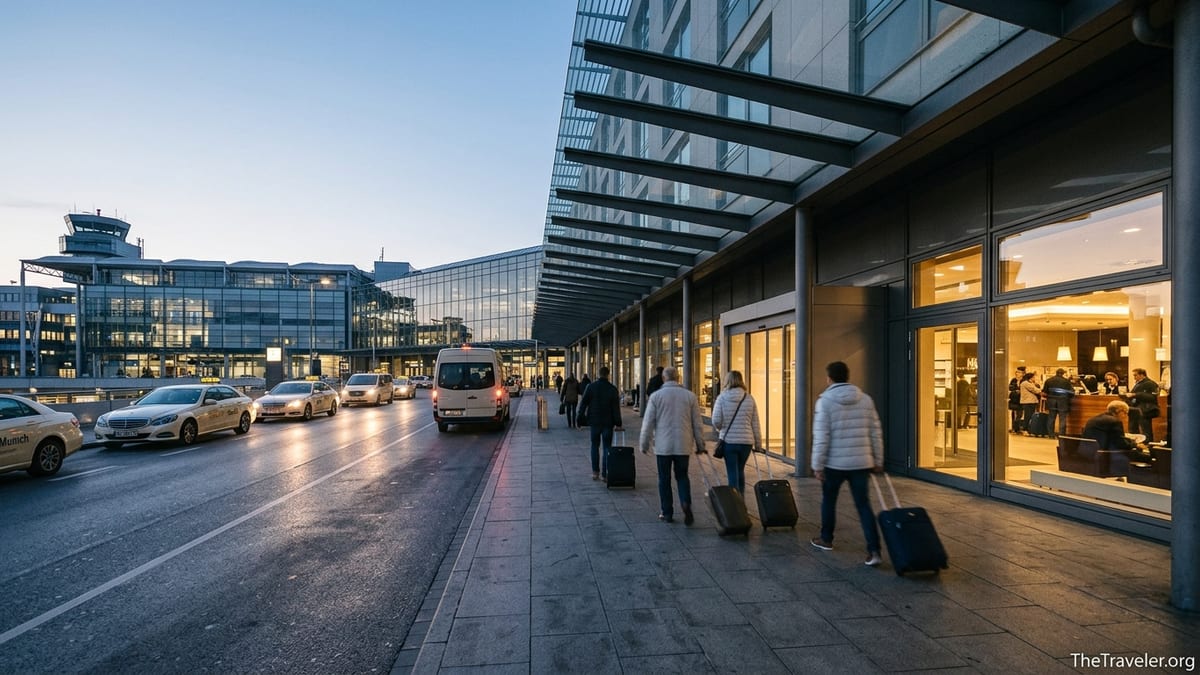 Travelers with suitcases walking between Munich Airport and an attached hotel at dawn.