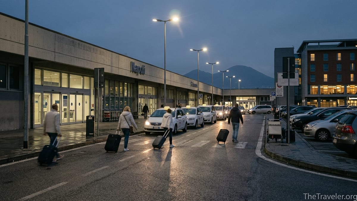 Early-morning scene outside Naples International Airport with taxis, travelers and a nearby hotel.