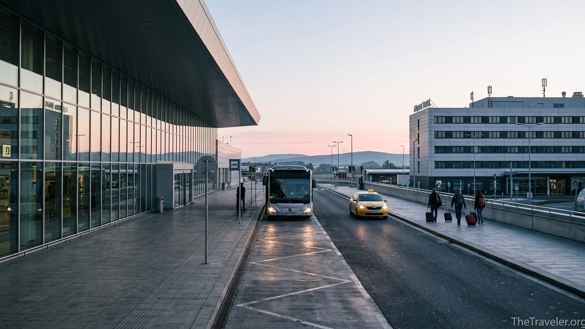 Early morning view of Prague Airport with nearby hotel, shuttle bus, and travellers with luggage.