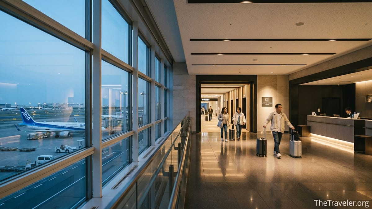 Travelers walk from Haneda Terminal 3 toward a connected airport hotel at dusk.
