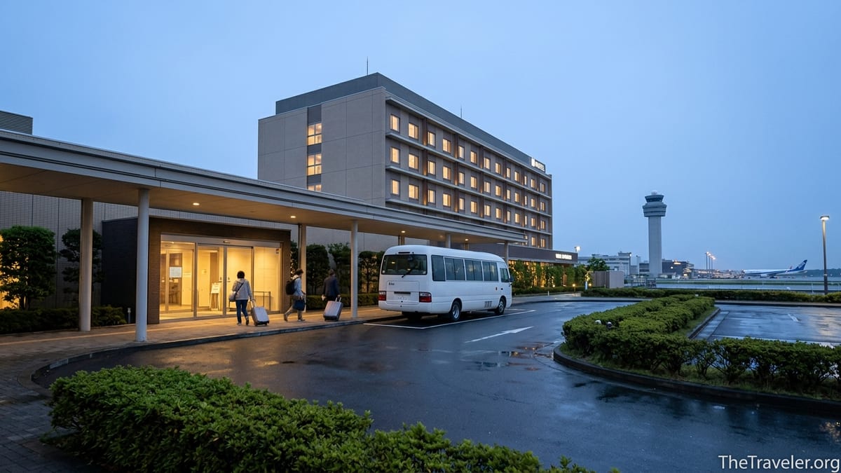 Evening view of an airport hotel near Narita with shuttle bus and travelers.