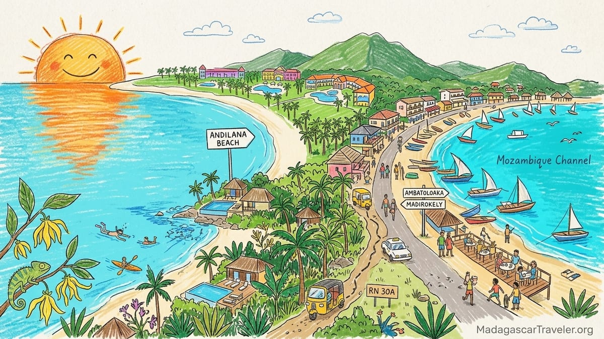 Aerial view of Nosy Be coastline with white-sand beach, turquoise sea and lush beachfront resorts.