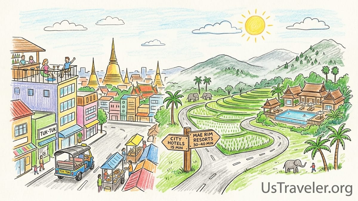 Infinity pool overlooking rice fields and misty mountains near Chiang Mai, Thailand.