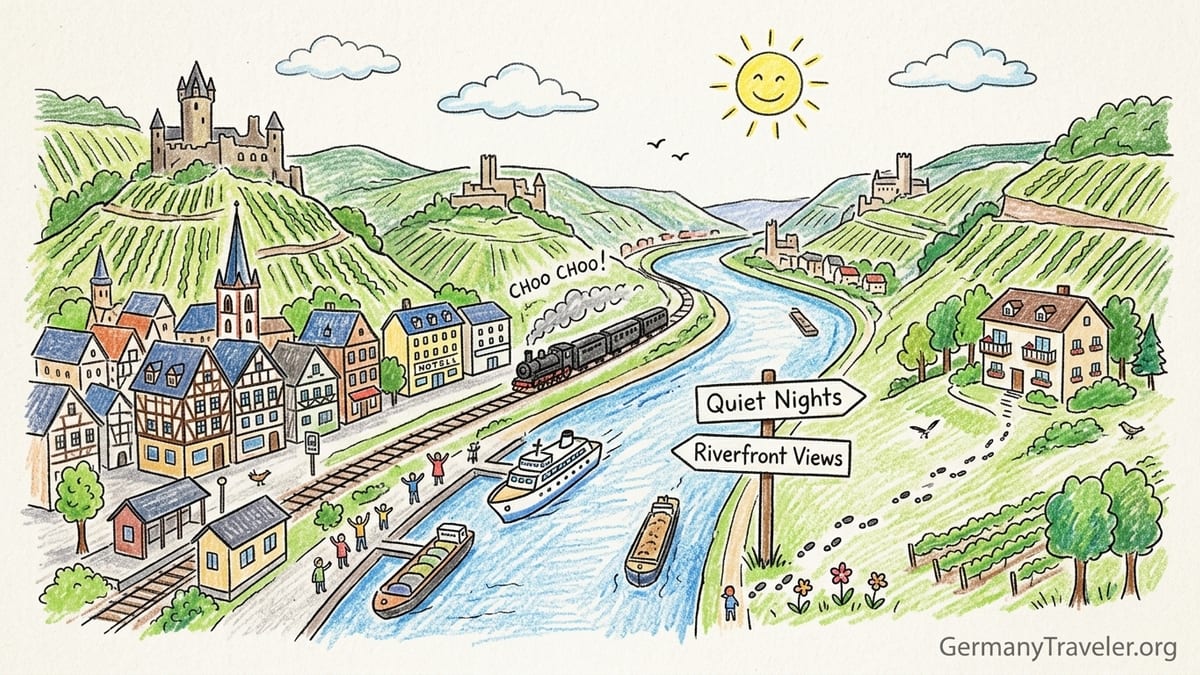A wide view of the Rhine River bend near Boppard with vineyards, town and trains at sunset.