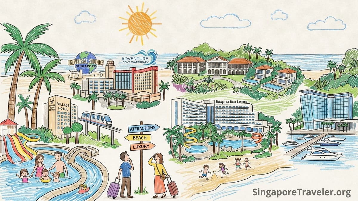 Aerial view of Sentosa Island showing luxury resorts, beaches and marina at golden hour.