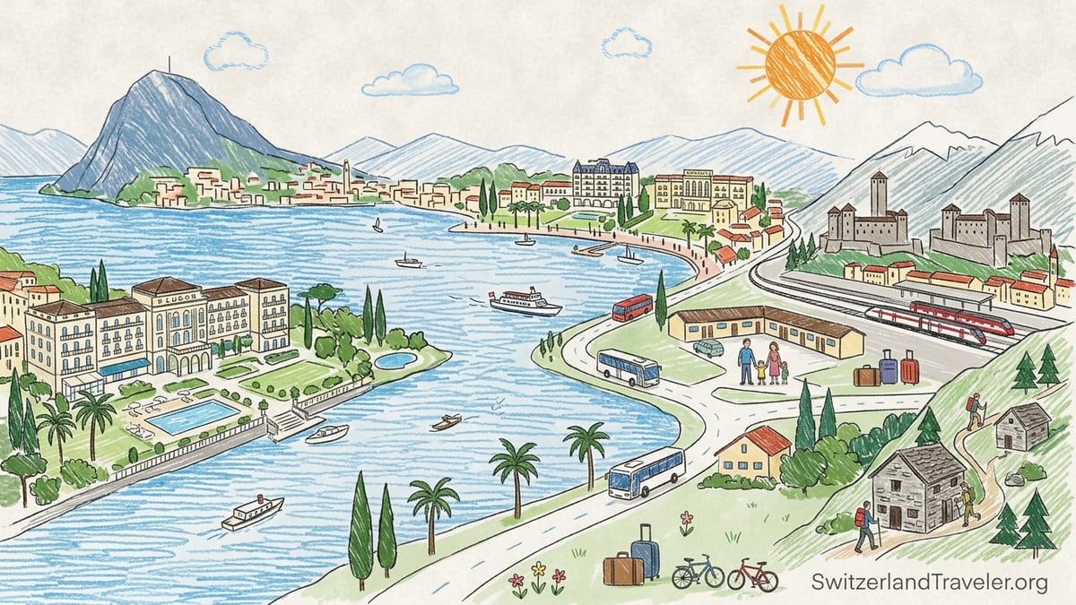 Lakeside hotels and promenade in Ascona on Lake Maggiore at sunrise.