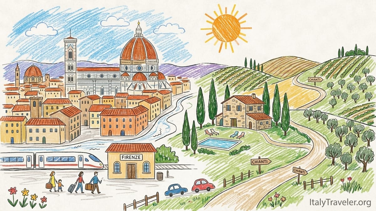Hilltop Tuscan farmhouse hotel with pool overlooking vineyards and rolling hills at golden hour in Chianti.