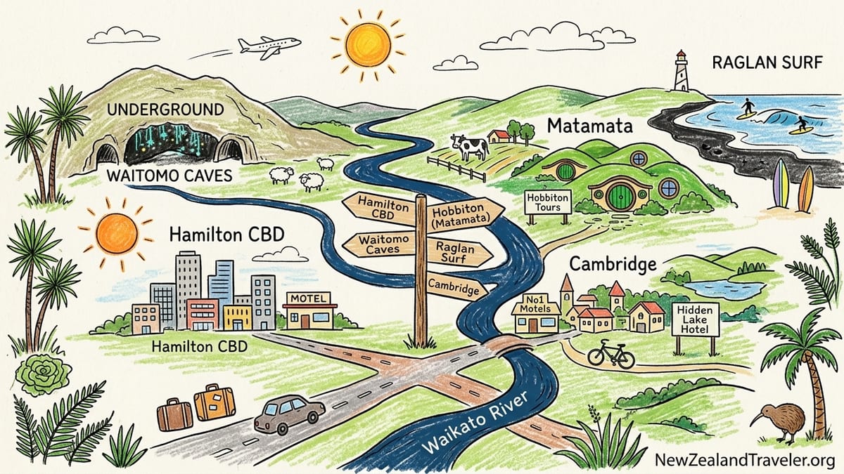 Sunrise over Waikato hills with a riverside town and countryside hotels in view.
