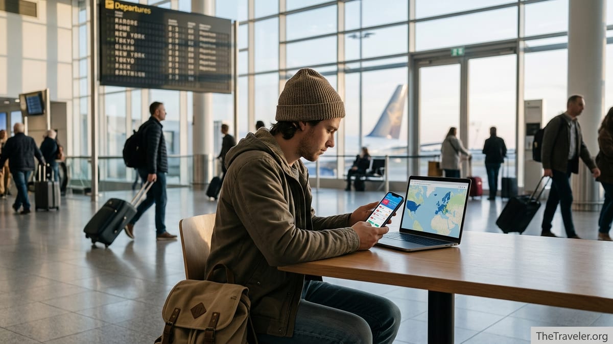 Traveler in an airport lounge comparing eSIM options on a smartphone and laptop.