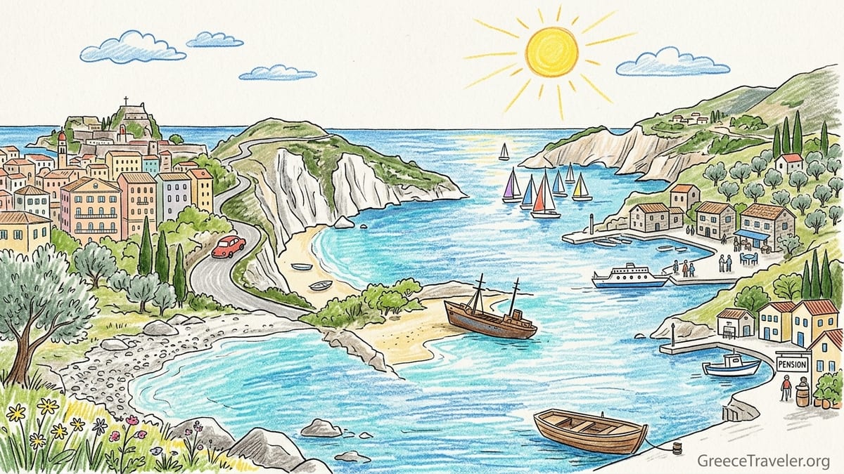 Aerial view of multiple Ionian islands with cliffs, harbours and sailboats at golden hour.