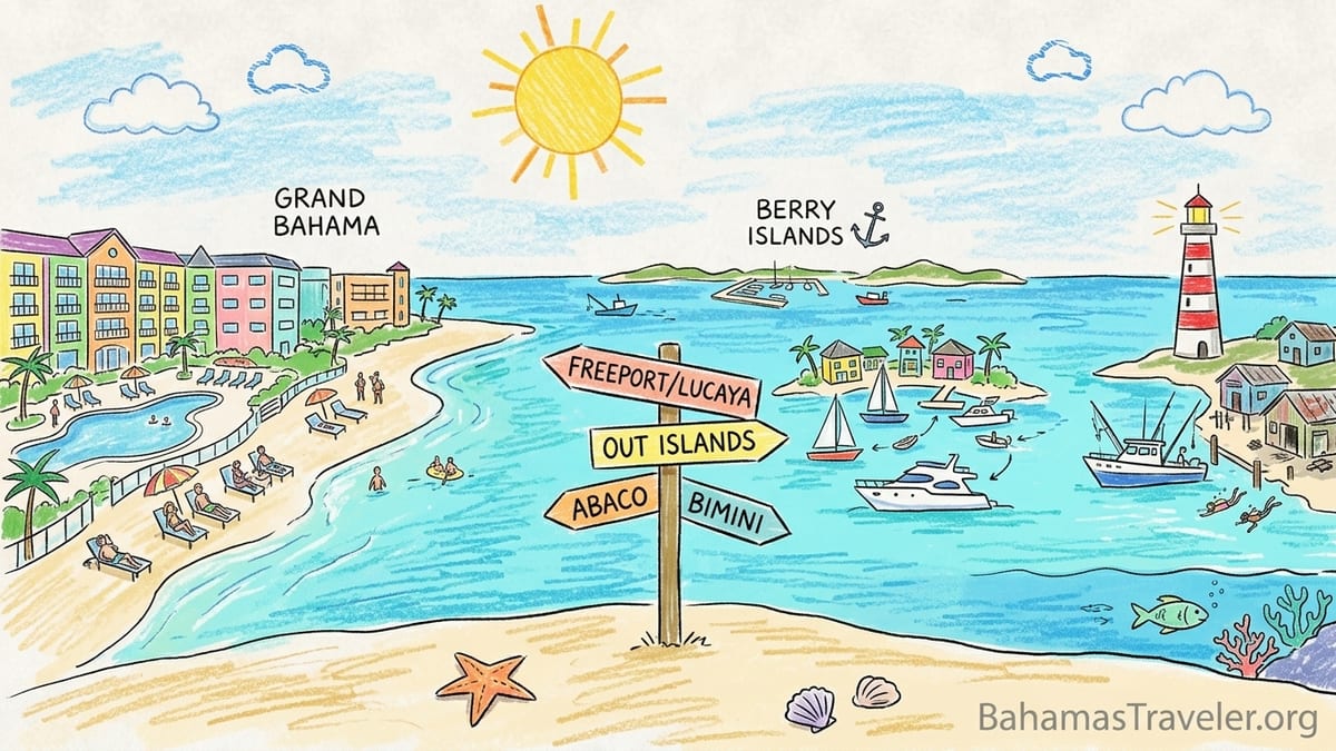 Turquoise shallows, a small Bahamian marina, and a quiet beach in the Northern Bahamas under bright morning sun.
