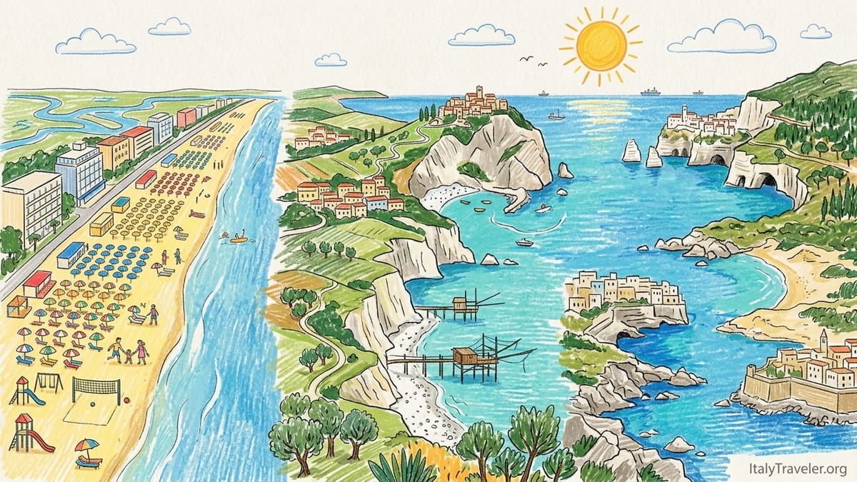 Aerial view of Italy’s Adriatic coast showing wide sandy beaches, cliffs and rocky coves at golden hour.