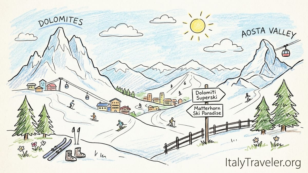 Panoramic view of Italian Alpine ski slopes above a Dolomite village on a sunny winter day.