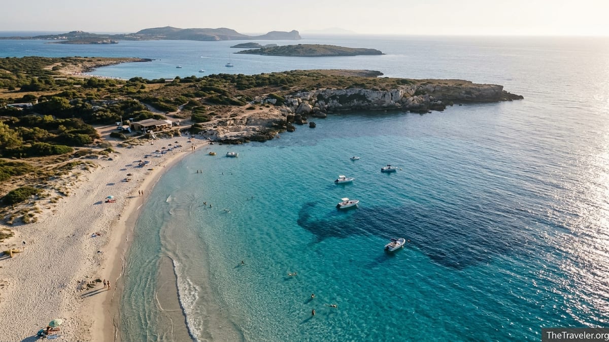 Aerial view of Italian island beaches with white sand coves and turquoise water.
