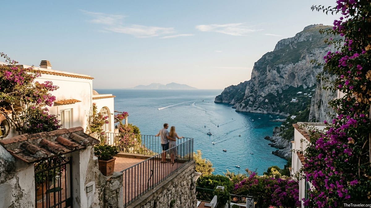 Couple on a terrace in Capri overlooking cliffs and turquoise sea at sunset