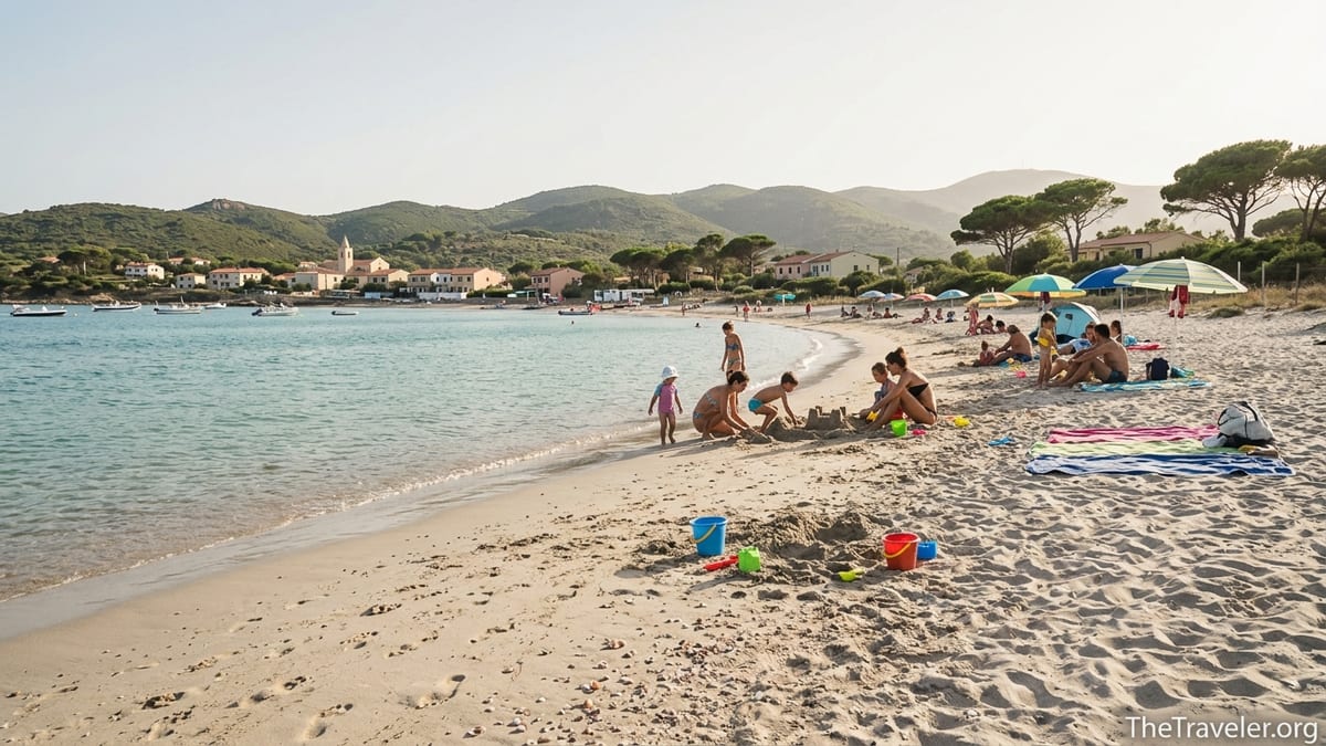 Families with children playing on a sandy Italian island beach with shallow turquoise water and green hills.
